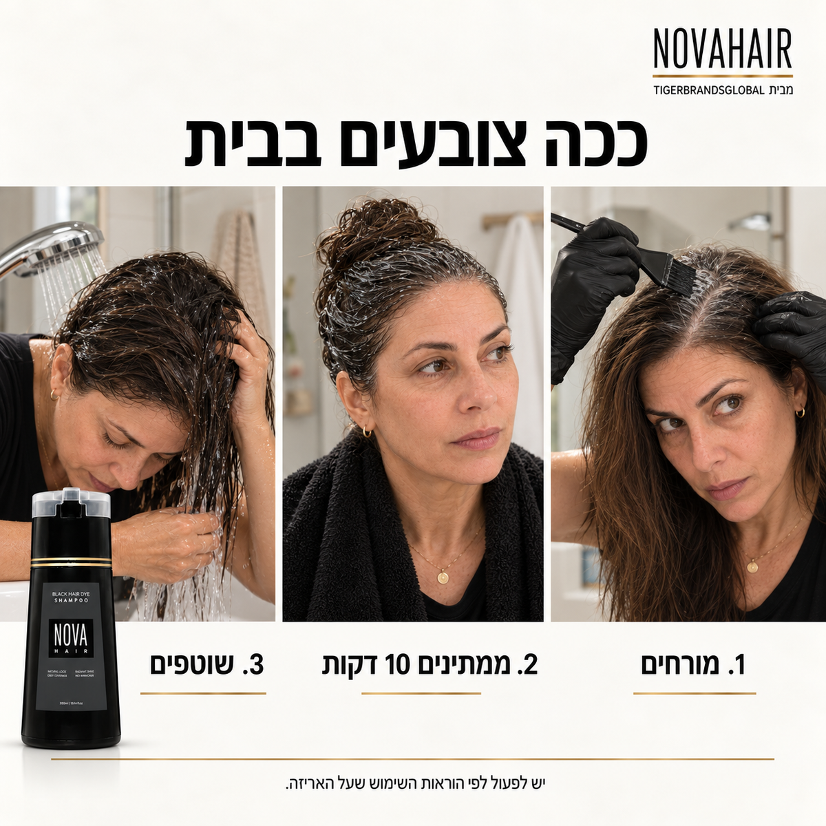 שלושה שלבים לצביעה בבית: מורחים, ממתינים כעשר דקות, שוטפים