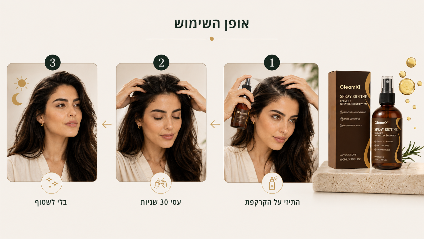 אופן השימוש בספריי GleamXi לקרקפת בשלושה שלבים